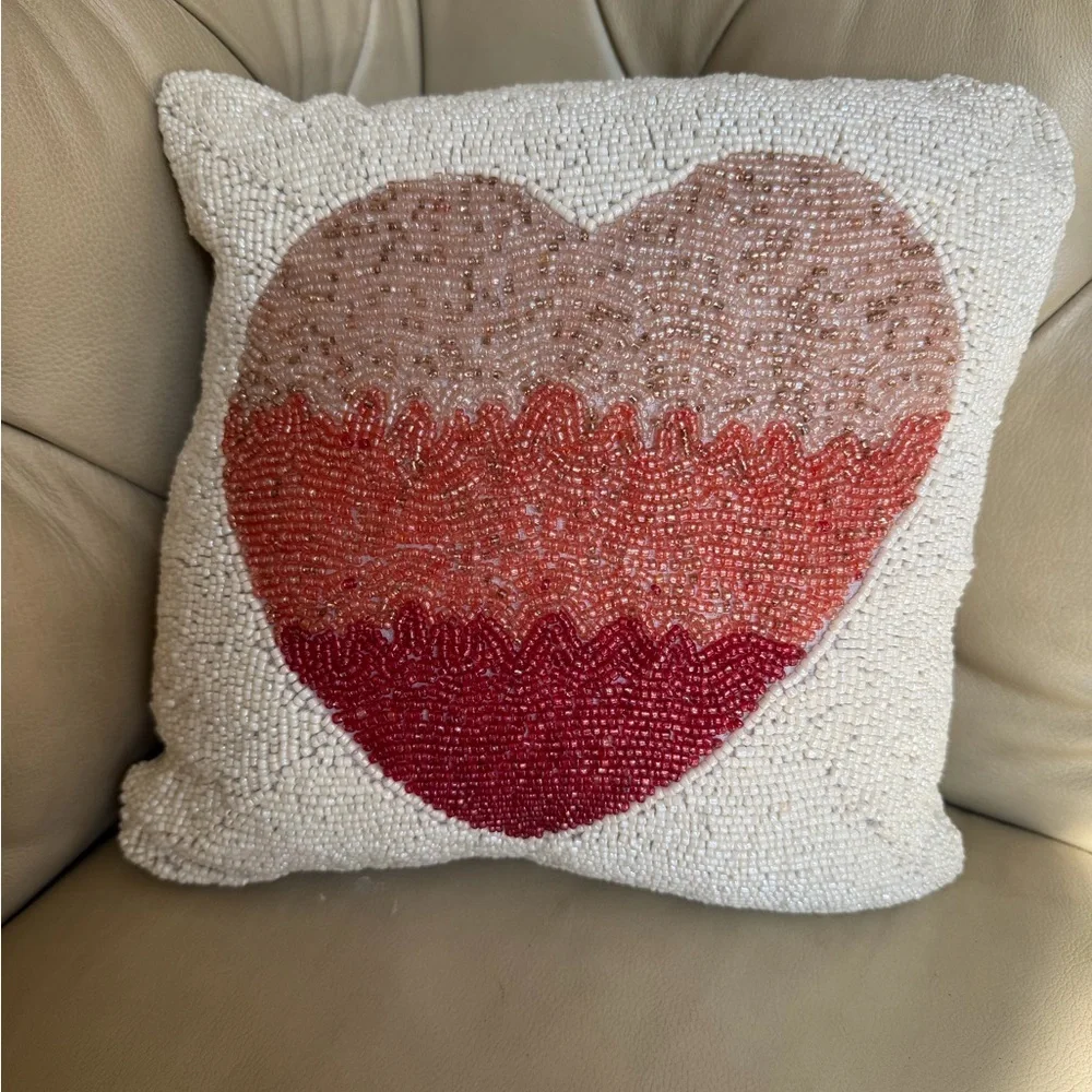 Beaded Heart Accent Pillow - Pink, Coral, Red